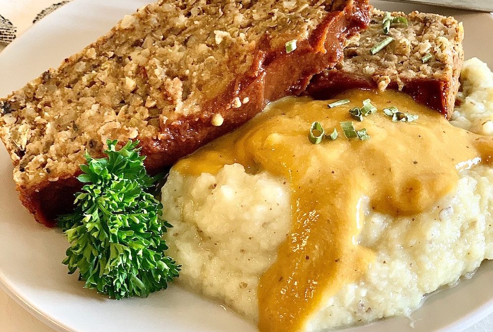Vegan meatloaf with cauliflower mashed potatoes