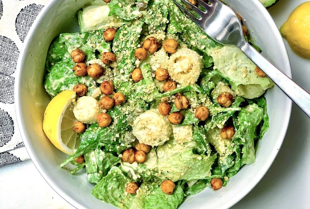 Avocado Caesar Salad with Roasted Chickpea Croutons